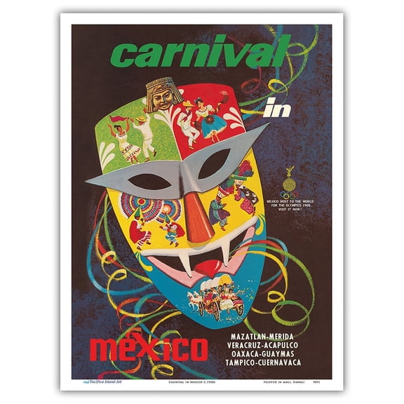 Carnival In Mexico - Vintage Travel Poster c.1960s - Master Art Print (Unframed) 9in x 12in