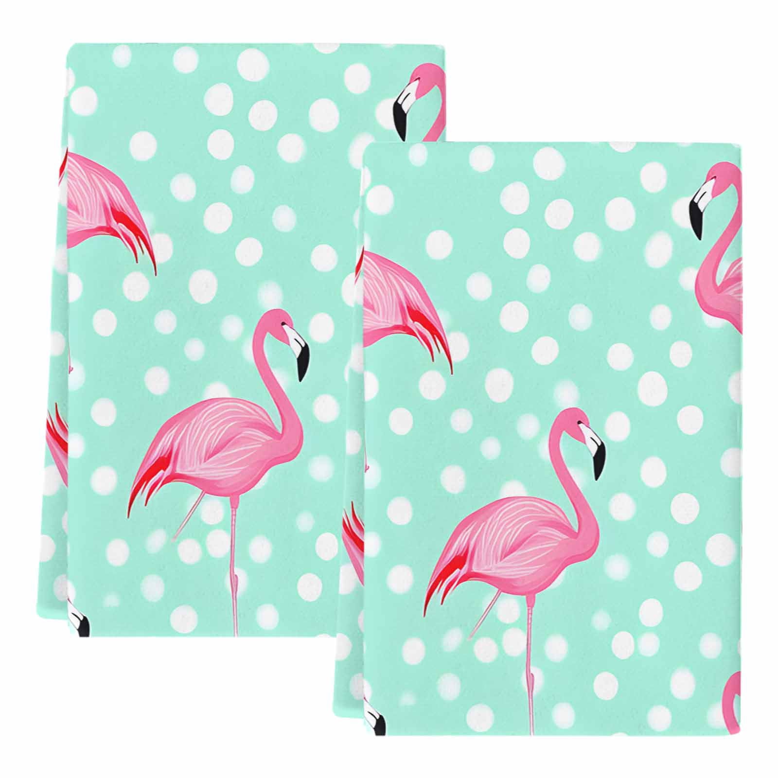 Green Flamingo Kitchen Towels Set of 2, Polka Dot Modern Art Absorbent Dish Towels for Kitchen, Microfiber Hand Towel, Quick Drying Tea Towel for Cleaning Decorative Dishcloths