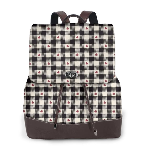 Balery Black Plaid Heart Mochila de Cuero para Mujeres, Gran Capacidad, Bolsa de Viaje Multifuncional, Mochila de Cuero y Bolsa de Hombro para Mujeres