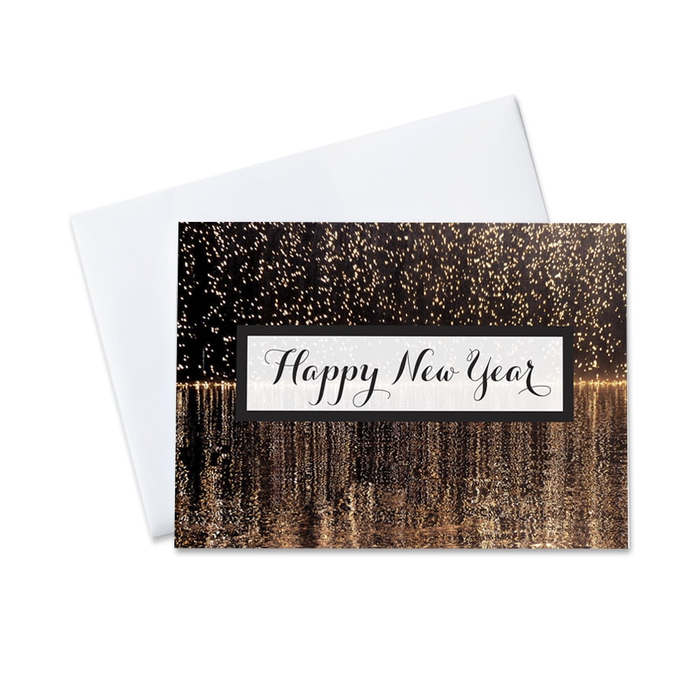 Box Set Has 25 Greeting Cards and 26 White with Silver Foil Lined Envelopes. Greeting Cards Featuring Happy New Year Surrounded by Geometric Shapes New Year Greeting Cards N1603 