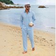 thumbnail image 2 of GrmtClth Casual Summer 2 Piece Matching Sets For Men Linen Blend Long Sleeve Button Shirt Adjustable Drawstring Straight Pants Solid Tone Seaside Daily Vacation Suit Light Blue 3XL, 2 of 6