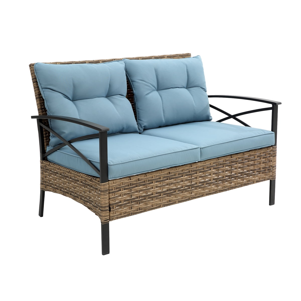 HighSound Patio Furniture Set, 4 Piece Outdoor Patio Conversation Set, All-Weather PE Rattan Wicker Sectional Patio Sofa Set with Coffee Table, Blue Cushions