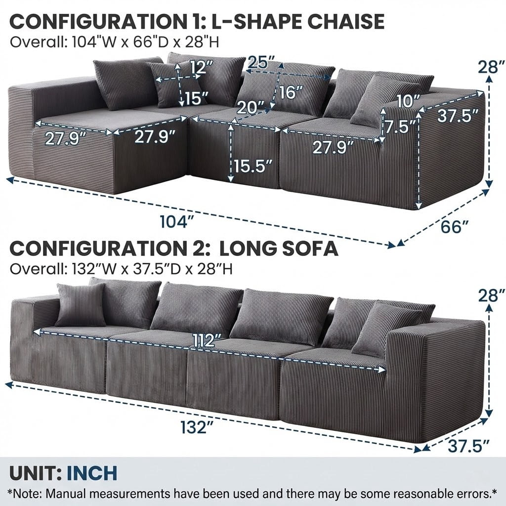 Xiweot 104” Modular Sectional Sofa, 4 Piece L Shaped Sectional Sofa & Floor Couch, Corduroy Foam Filled Compressed Sectional Couch for Living Room, Bedroom (Grey)
