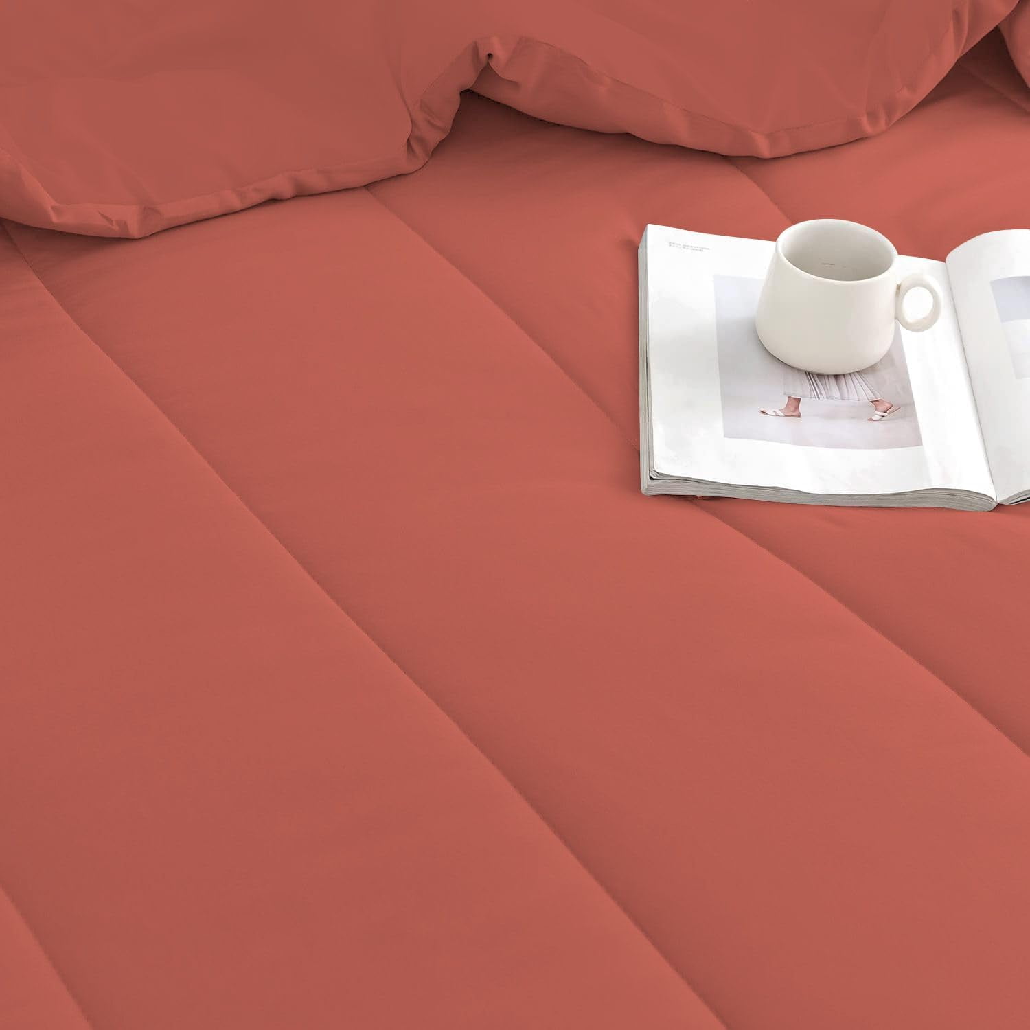 5 Piece Luxury Thicker Pattern Comforter Set, 800 TC, 100% Egyptian Cotton, Oversized Super King Size Brick Red Solid Color