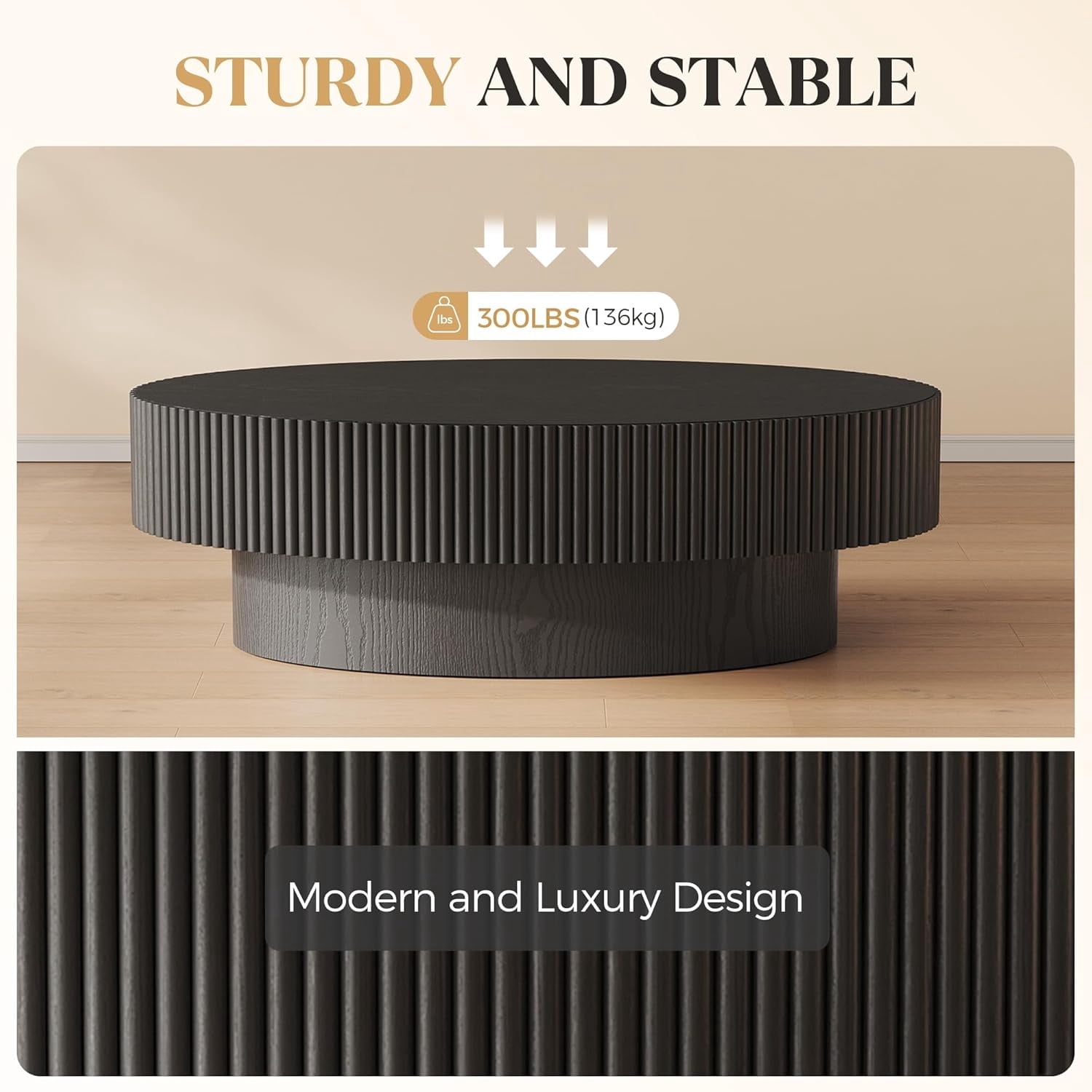 Gelloan 43.7" Olive Shape Wood Coffee Table, Modern Fluted Coffee Table for Living Room, Veneer Handcrafted Relief Tea Table with Sturdy Pedestal,Black