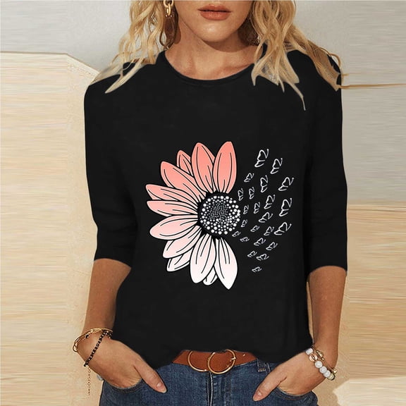 Ounisa Shirts for Women 3/4 Sleeve Plus Size Tops Loose Crew Neck T Shirts Casual Three Quarter Length Tunic Summer Daisy Printed Tops