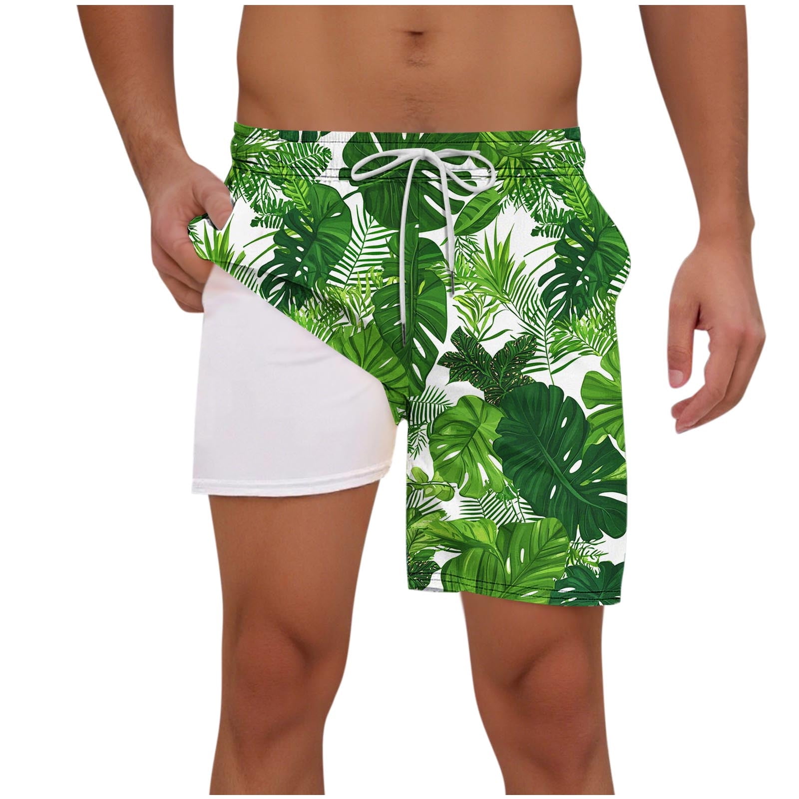 Timoontee Men Beach Shorts Stretchy Elastic Waist Functional Side Pockets for Outdoor Activities Easy Care Machine Washable Green L