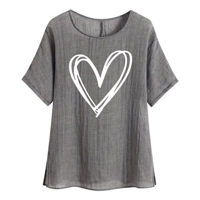 Plebaso Hauts à Manches Courtes en Coton et Lin pour Femmes, Col Rond avec Cœur, Chemises Décontractées Imprimées, Blouses Légères