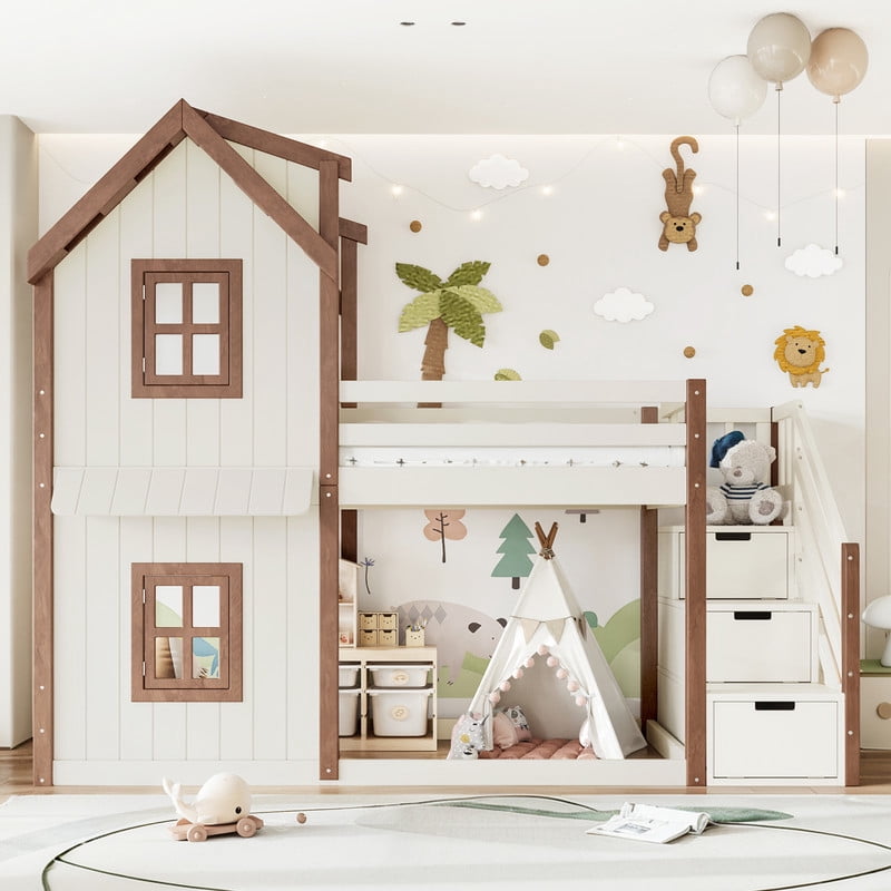 Twin-Over-Twin Kids House Bed Frame with Storage Stairs & Bottom Floor Bed, Playhouse Bunk Bed with Roof & Window