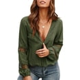 thumbnail image 1 of Top informal para mujer, cuello en V profundo, manga larga hueca, ajuste holgado, blusa de señora de Color puro para el trabajo, vacaciones diarias, verde L, 1 of 6