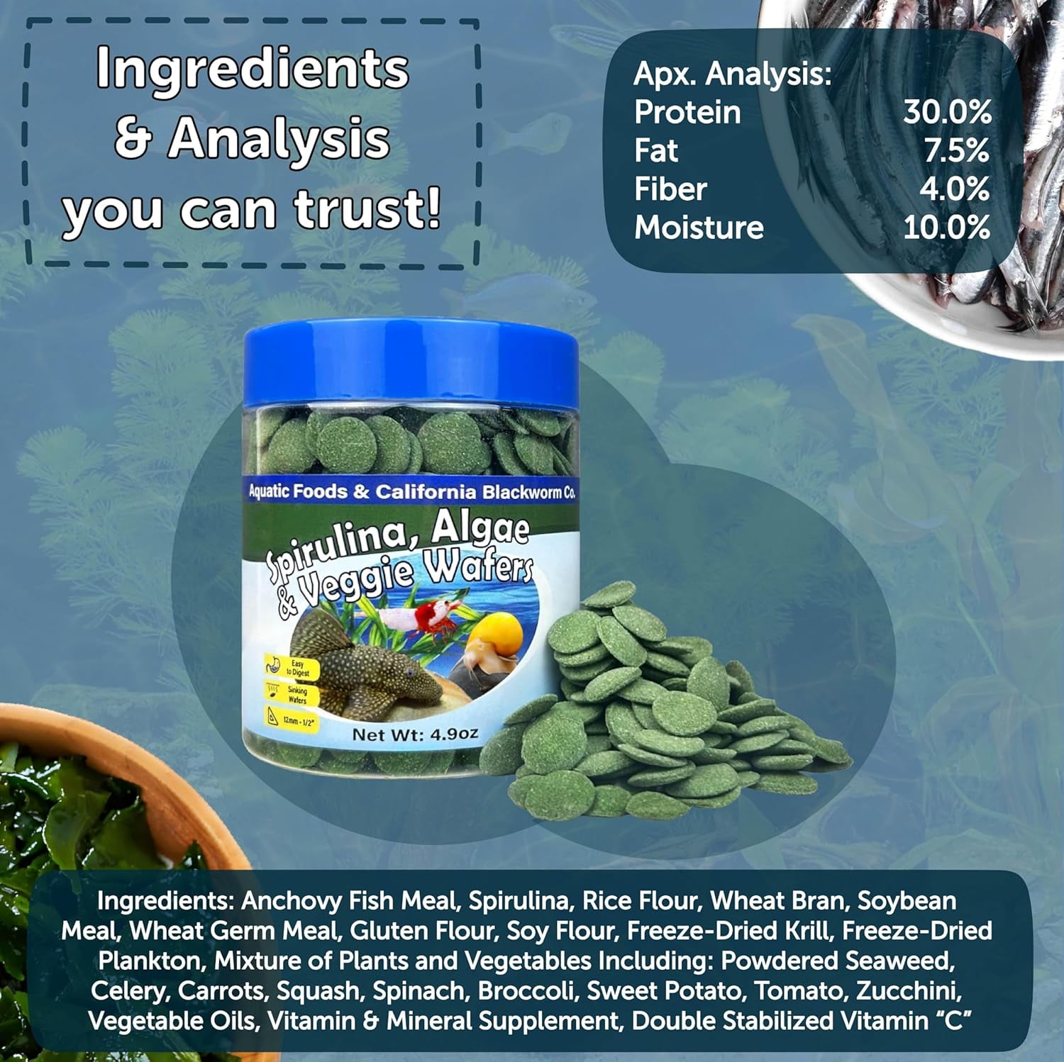 12mm - 1/2" Sinking Wafers of Spirulina, Algae for Plecos, Catfish, Shrimp, Snails, All Tropicals, Pellet Mix & Wafer Mix Included 19oz Canister