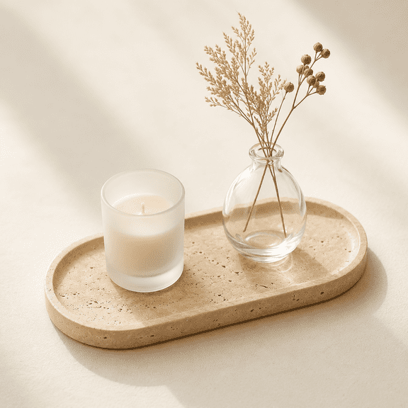 MEYRKLOE Beige Travertine Vanity Tray, Natural Stone Bathroom Counter Tray, 9.8 x 4.7 Inch, Non-Slip Decorative Organizer for Perfume and Jewelry