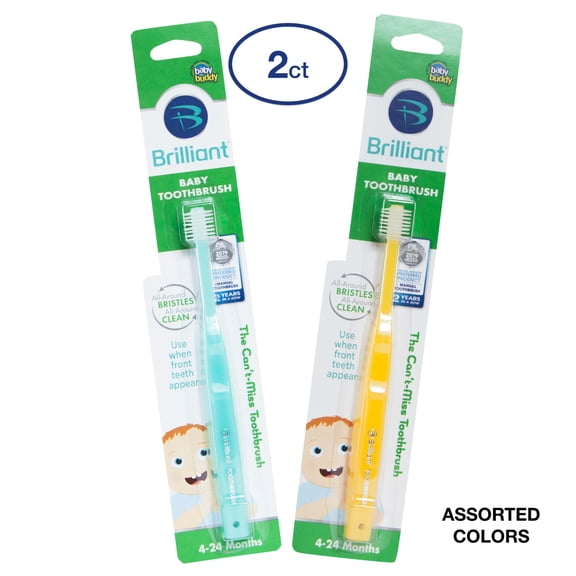 Brilliant Baby Toothbrush by Baby Buddy, Ages 4-24 Months, Round Head, Bristles Clean All-Around, Assorted, 2pk