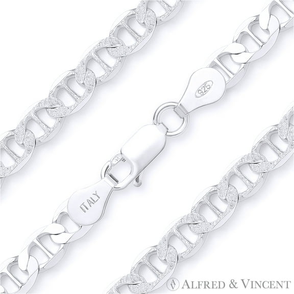 6.3mm Marina / Mariner Pave Link Italian Chain Bracelet in .925 Sterling Silver