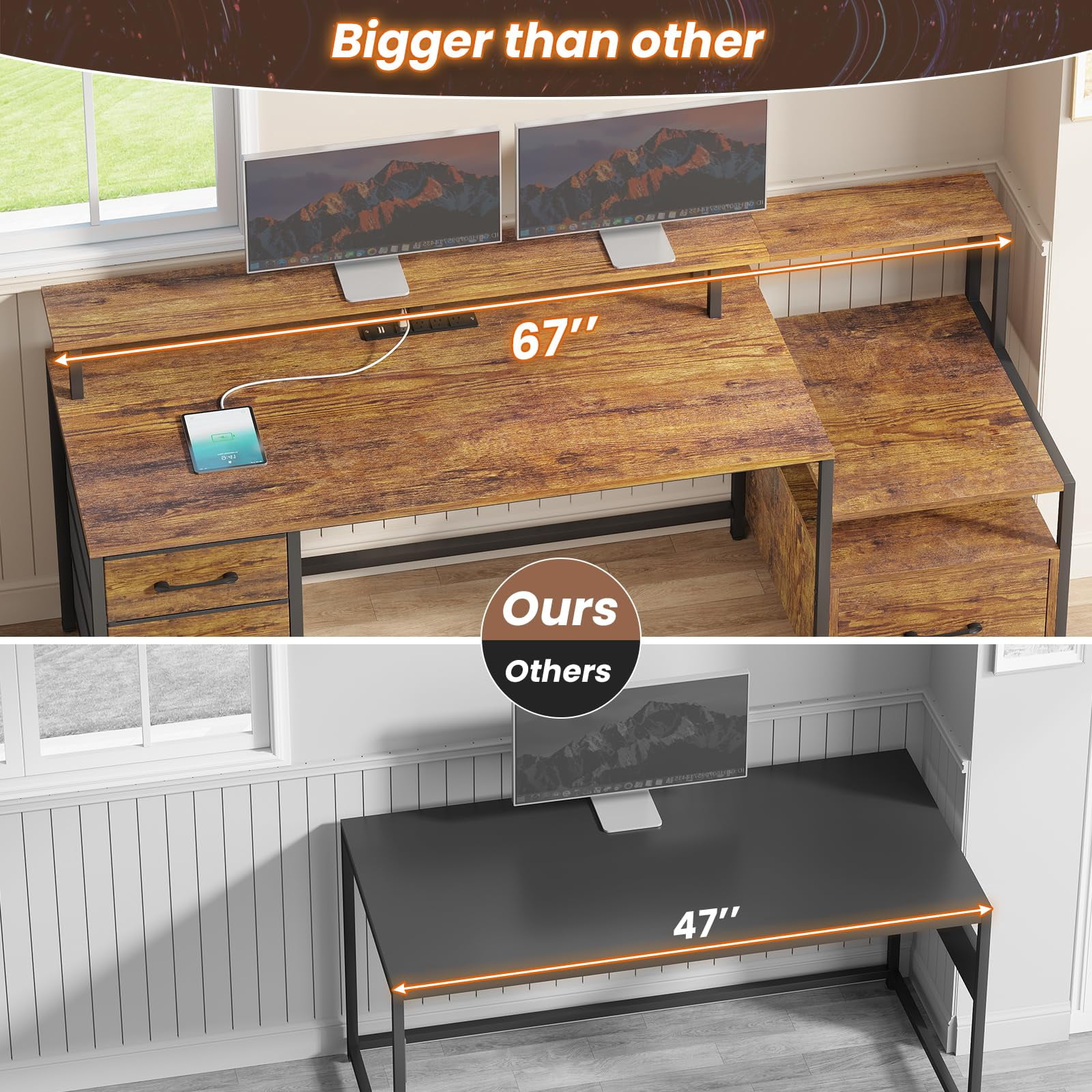 SEDETA 66" Computer Desk with File Drawer & Power Outlet, Home Office Desk with 5 Drawer and Storage Shelves, Printer Cabinet and Monitor Shelf, Gaming Desk with Led Lights, Rustic Brown