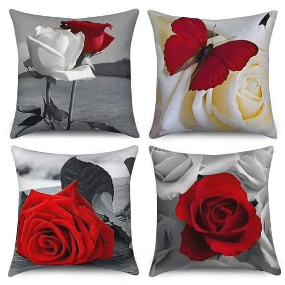 Dashan Red Rose Flowers Throw Pillow Covers 18x18 Set of 4,Valentine Day Decorative Pillow Cases for Bedroom Sofa Couch
