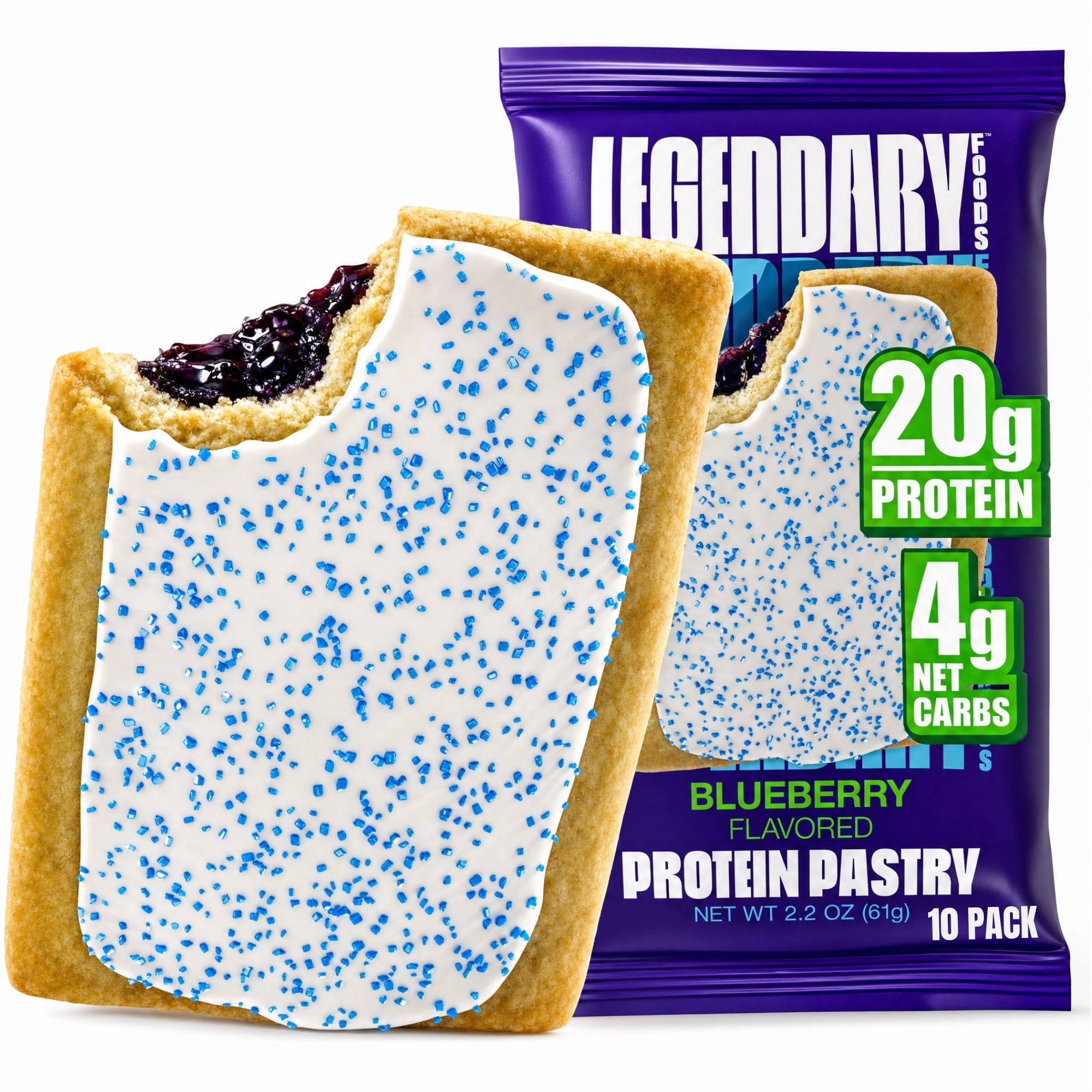 Legendary Foods 20g Protein Pastry 10 Pack Blueberry, <1g Sugar and Gluten Free, 4g net Carbs