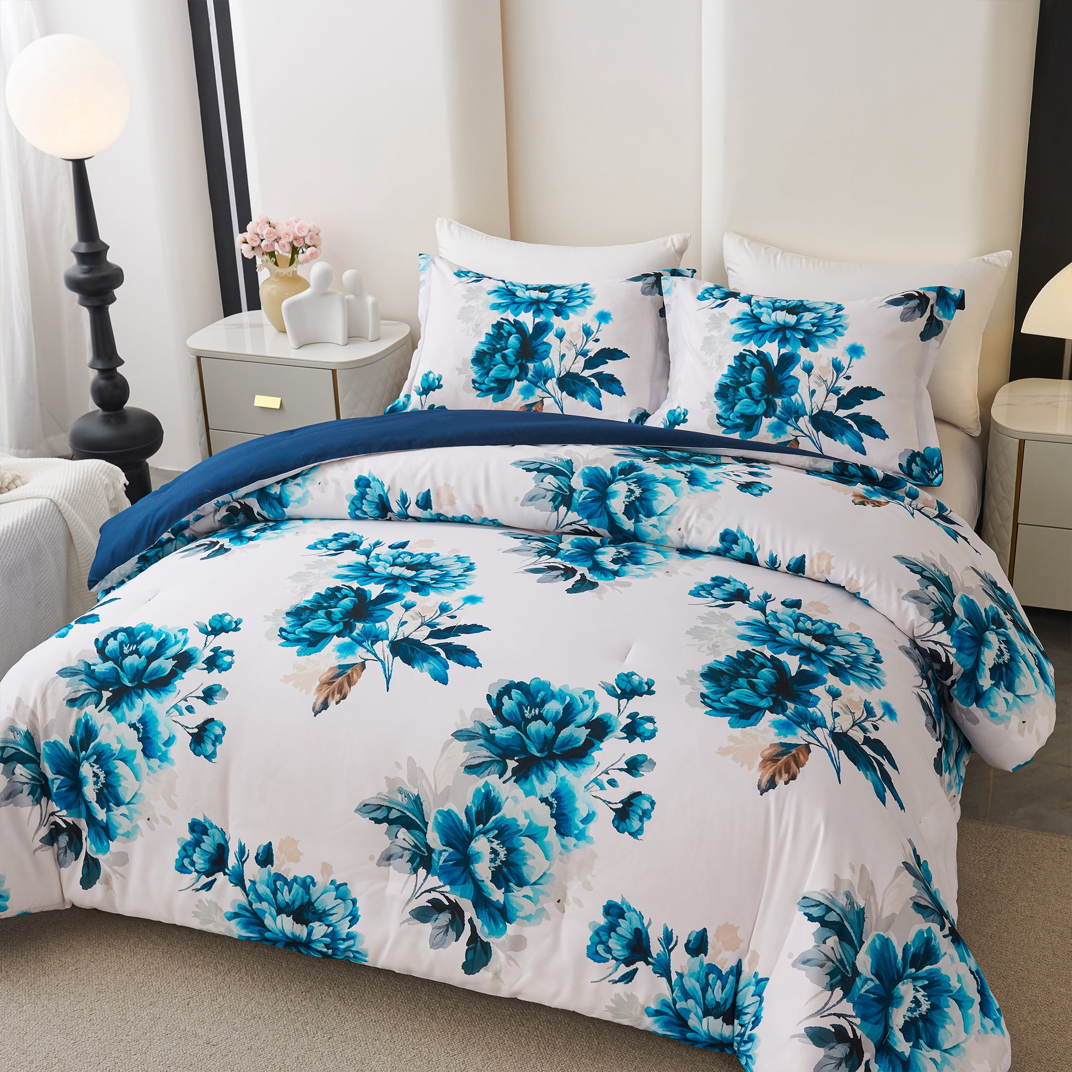 Koniroom 3 Pieces Blue and White Floral Comforter Set King Size, Flower Bedding with Vintage Watercolor Flower for Women, Reversible All Season Comforter with 2 Pillow Shams