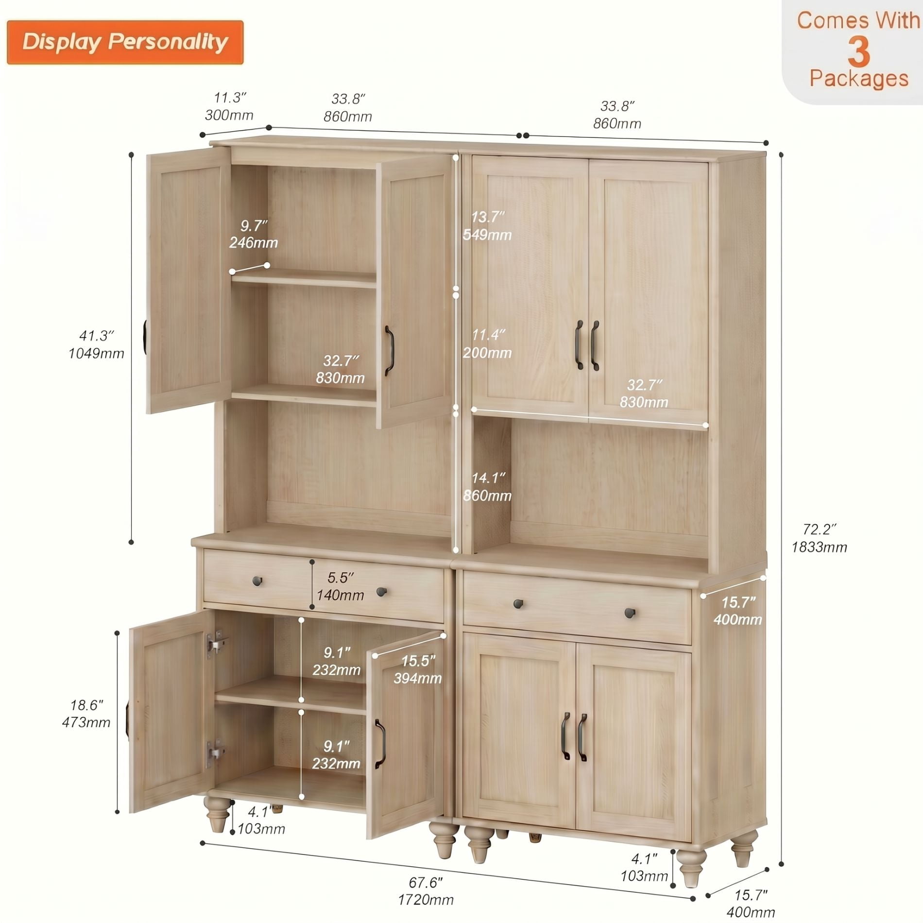 72"H × 68"W Large Farmhouse Wooden Library Bookcase with Ample Storage Cabinet, Freestanding Bookshelf for Living Room, Office & Study Room, Beige