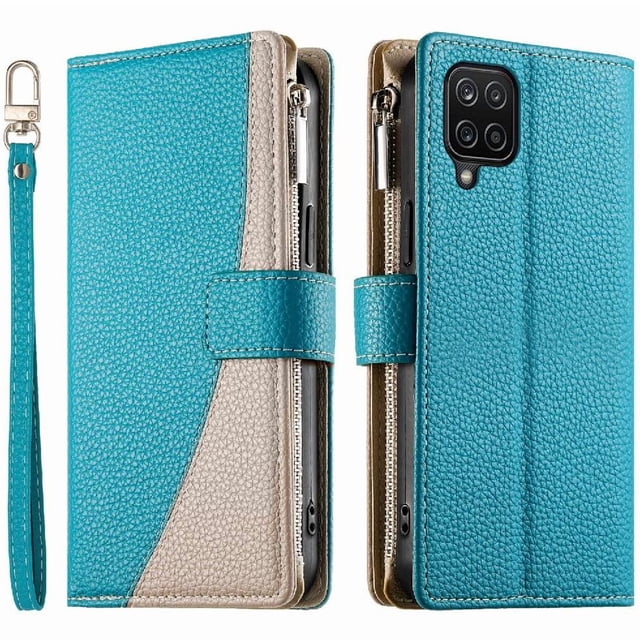 Funda cartera GANGXUN para Samsung Galaxy A12/M12 , cuero PU con tarjetero, cremallera, correa de mano, soporte y protección 1044°