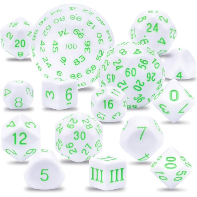 GFDYREE 15 Pieces Complete Polyhedral Game Dice Set D3-D100 Dice with a Leather Drawstring Storage Bag for Role Playing Table Games(White & Green)