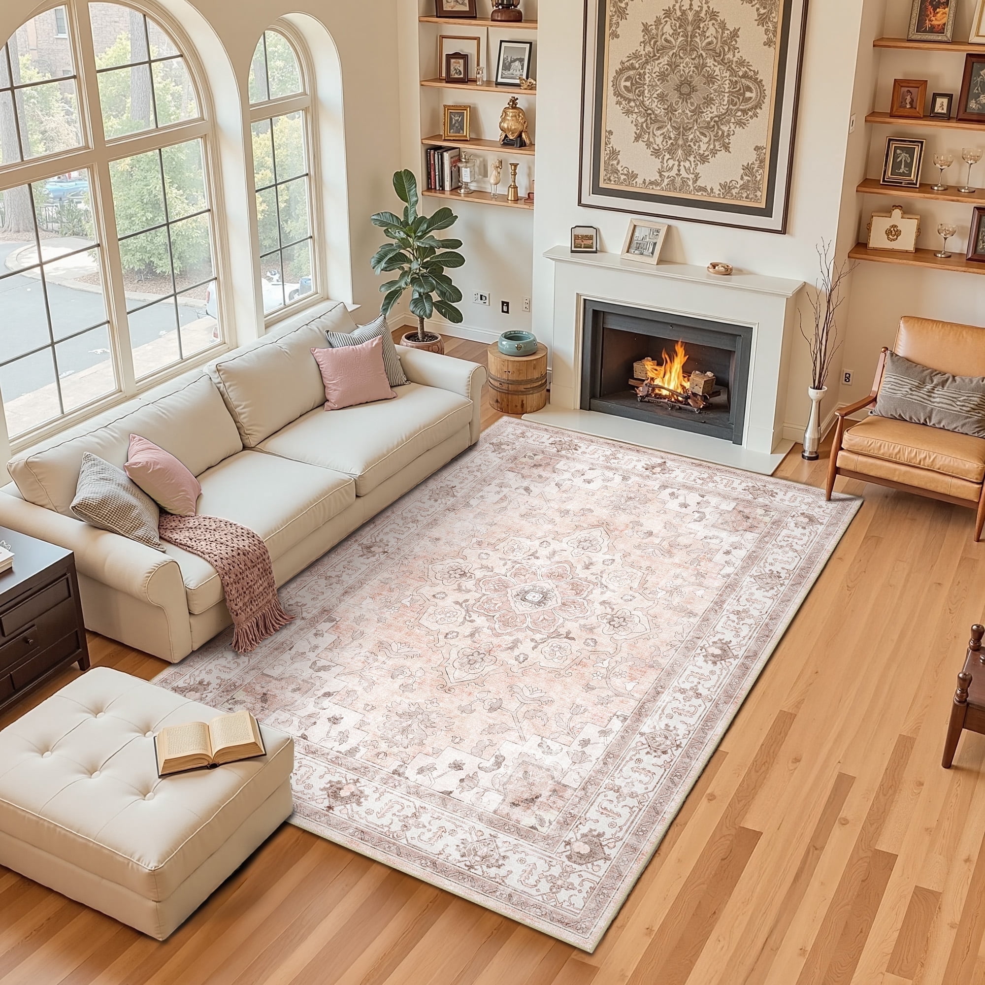 NewBuros 5'x7' Area Rugs, Machine Washable Non Slip Rugs for Living Room, Low Pile Water Repellent Soft Vintage Print Pattern Bedroom Carpet, Pink