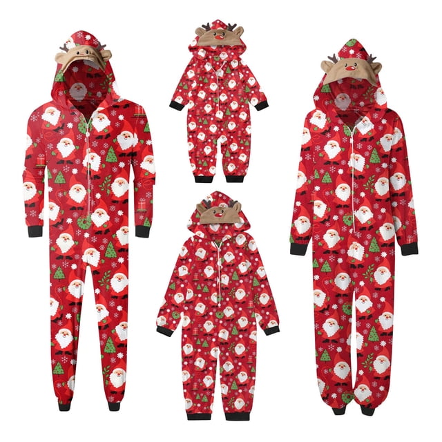 Pyjamas Assortis avec Capuche de Renne, Grenouillère de Noël Pjs Assortis pour un Style Familial Cohésif (Rouge)