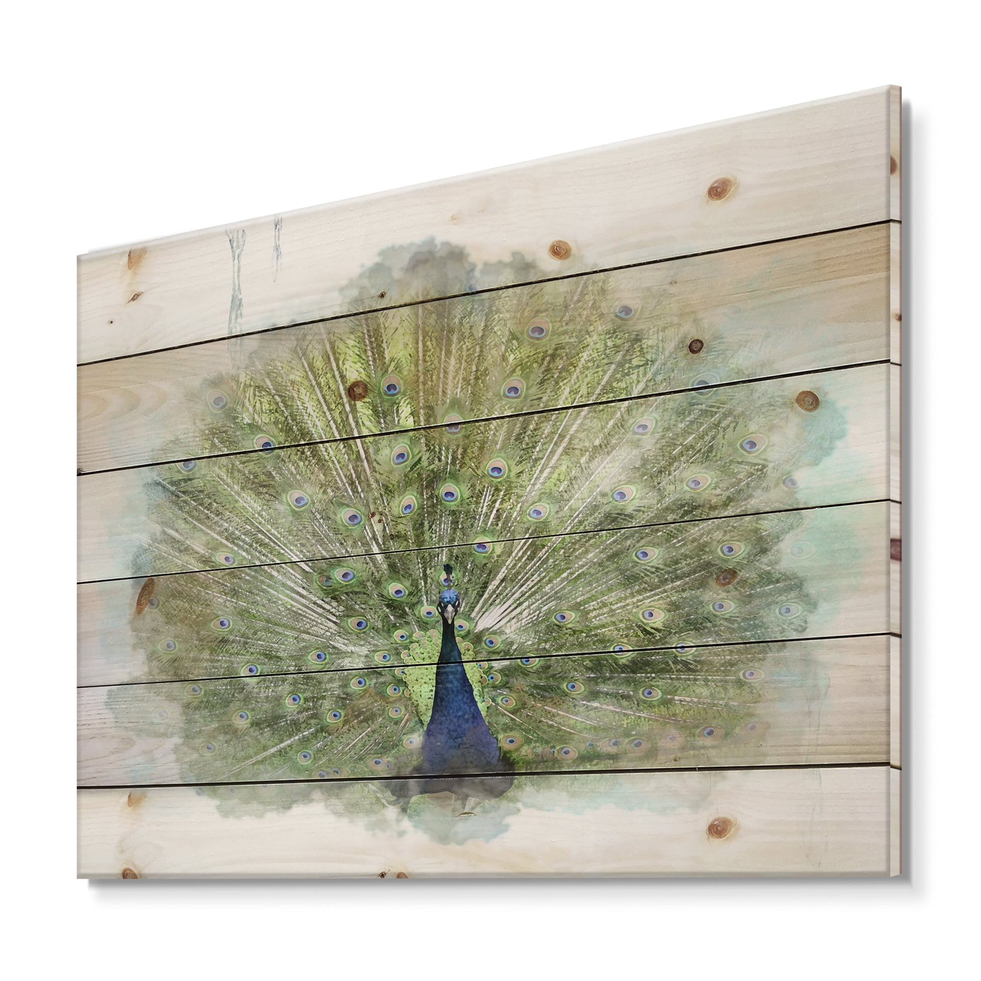 Designart 'Dancing Peacock Bird' Traditional Print on Natural Pine Wood