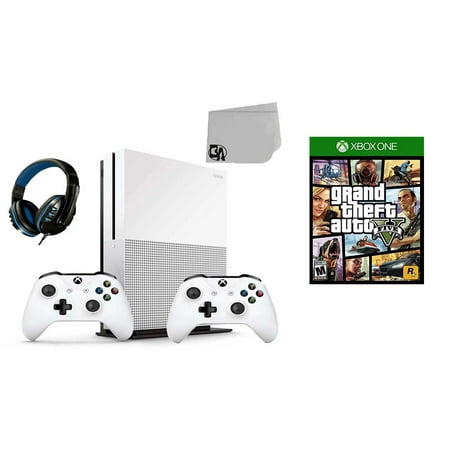Microsoft Xbox One S 500GB Gaming Console White 2 Controller Included with Grand Theft Auto V BOLT AXTION Bundle Used