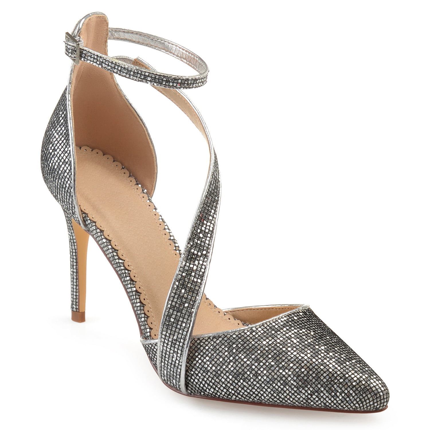 Womens Pointed Toe Asymmetrical Strap Glitter Heels