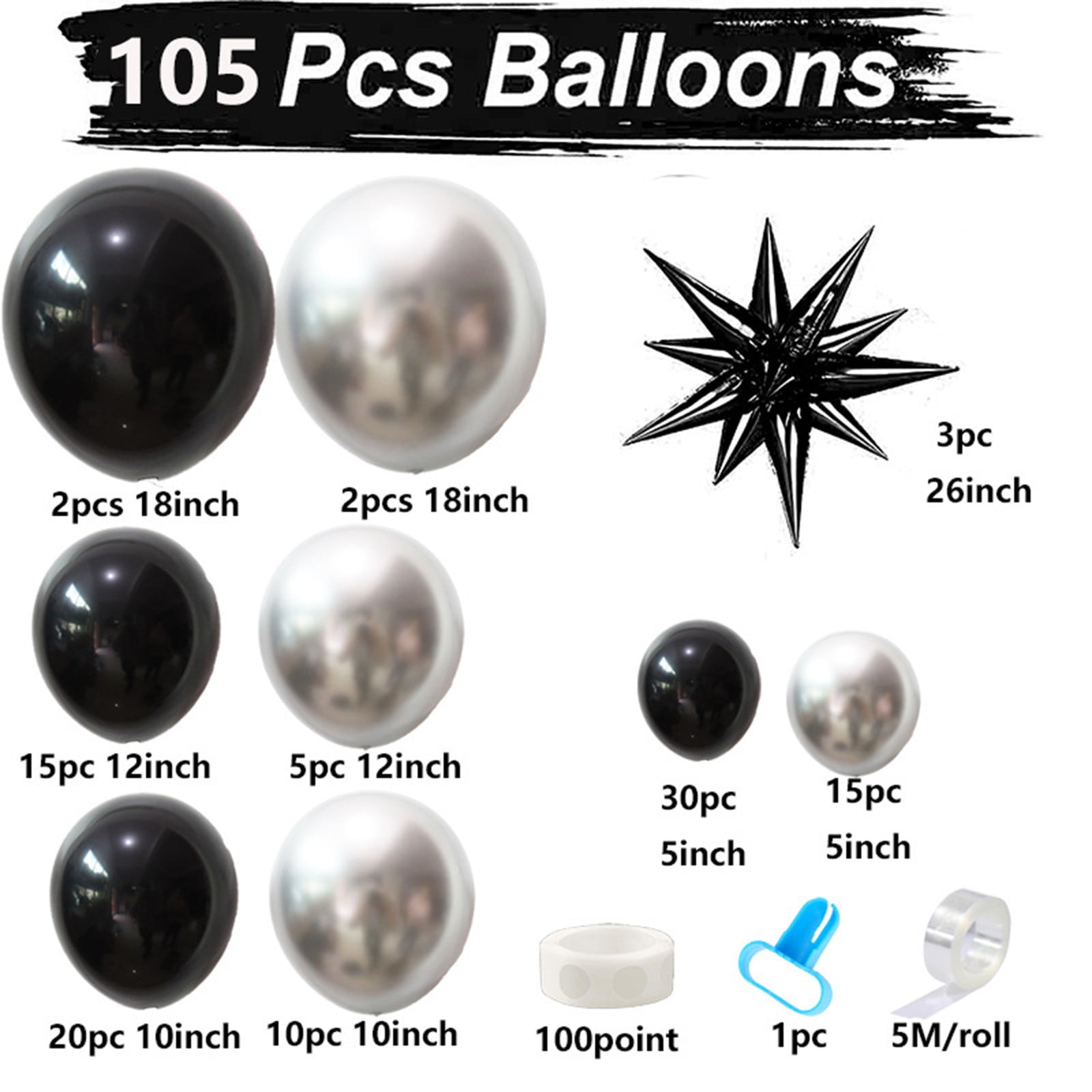 105Pcs Black Sil-ver Birthday Party Balloons Decor, Happy Birthday Theme Indoor Outdoor Ambience Sense Background Decoration