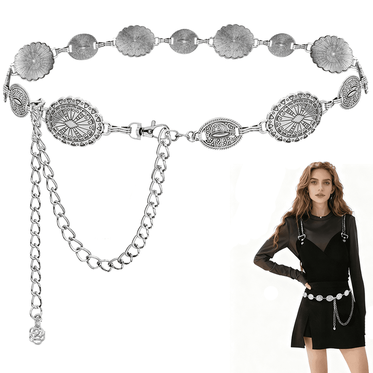 Women\'s Boho Chain Belts Cowgirl Waist Links Belt Adjustable Metal Concho Belt Women Boho Chain Belts For Dresses Jeans Western Cowgirl  main image 3