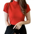 thumbnail image 1 of Chandail à Col Montant Demi-Haut Uni pour Femmes, Mode, Ajusté, Manches Courtes, T-Shirt Tricoté, Rouge, 1 of 6