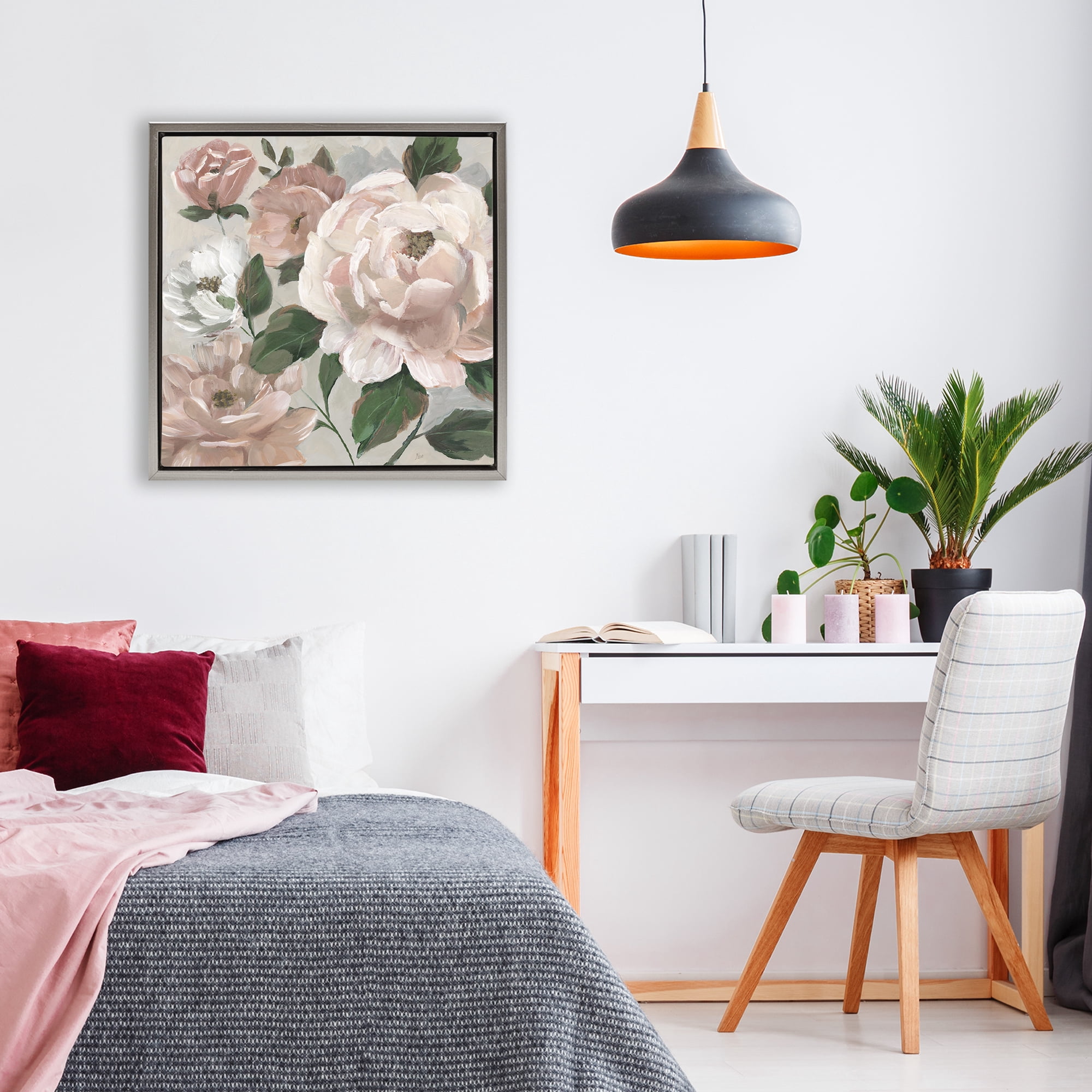 Stupell Industries Delicate Blush Peonies with Leaves Gray Framed Floater Canvas Wall Art, design by Nan