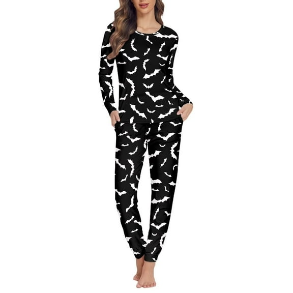 FKELYI Halloween Bats Long Sleeve Pj Size M Polyester 2 PCS Pajamas for Women Set Leisure Festival Holiday Pajamas for Women