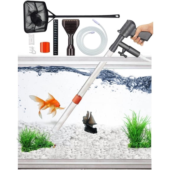 Thickoad Aquarium Gravel Cleaner [2026 Edition] Vacuum Fish Tank Vacuum Cleaner Tools for Aquarium Water Changer with Aquarium Thermometers Fish Net kit Use for Fish Tank Cleaning Gravel and Sand