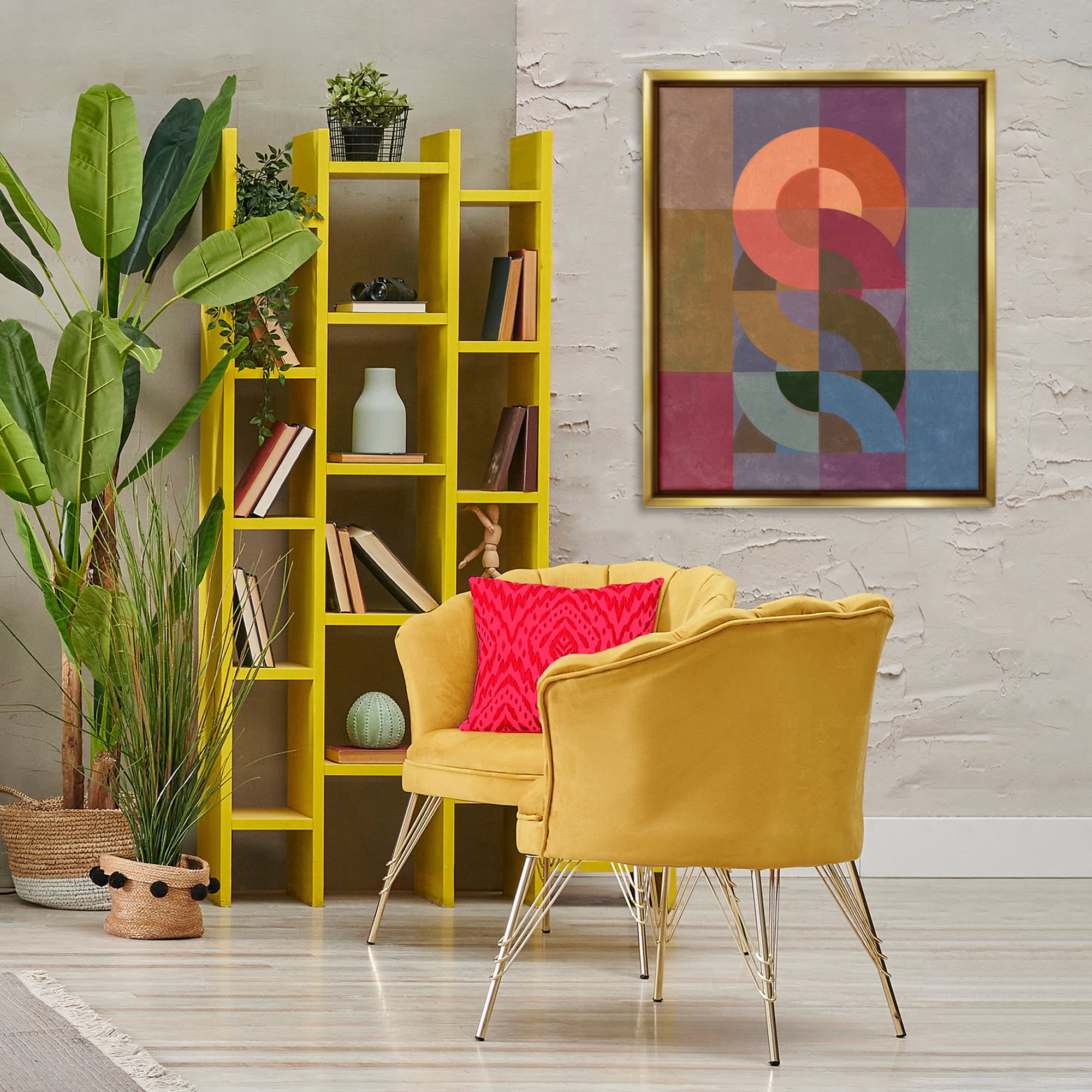 Stupell Industries Retro Interlocking Circles Abstract Painting Gold Floater Framed Canvas Art Print Wall Art, 25 x 31