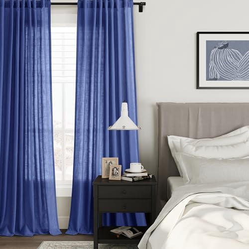 Classic Blue Linen Semi Sheer Curtains 84 Inches Length Light Filtering Neutral Farmhouse Boho Rod Pocket Back Tab Hook Belt Clip Rings Window Drapes for Bedroom Living Room 2 Panels 52x84
