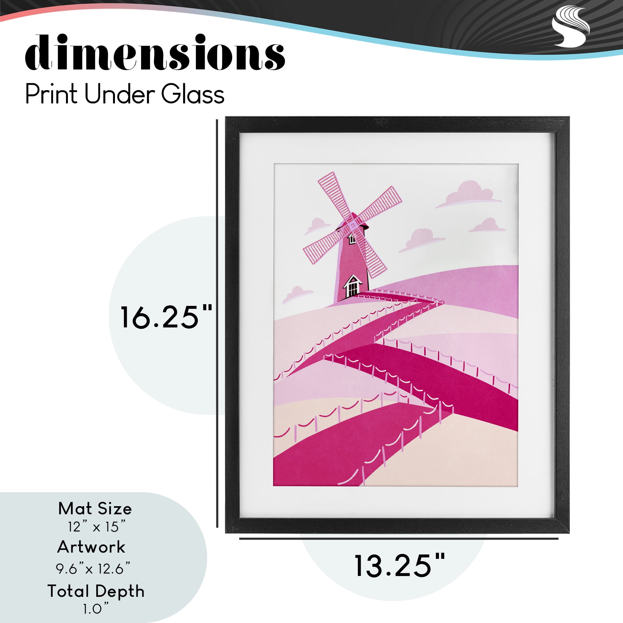 Pink Hills and Windmill Black Framed Print Under Glass, design by Ziwei Li