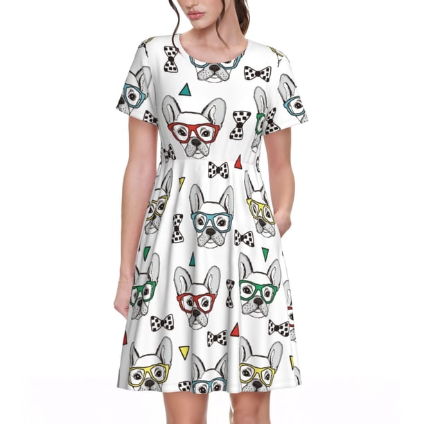 Disketp Cute French Bulldog para Vestido de Manga Corta para Mujeres, Vestidos de Verano para Mujeres, Casual y Holgado para la Playa