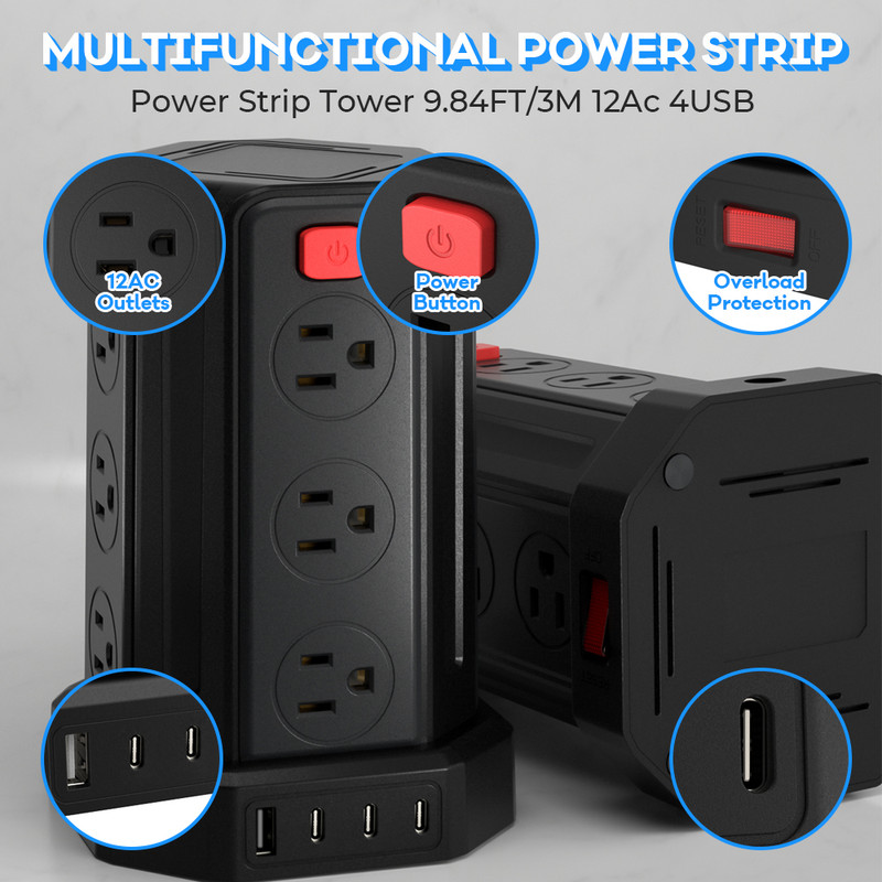 SMALLRT Power Strip Tower with 12 Outlets and 4 USB Ports photo 6