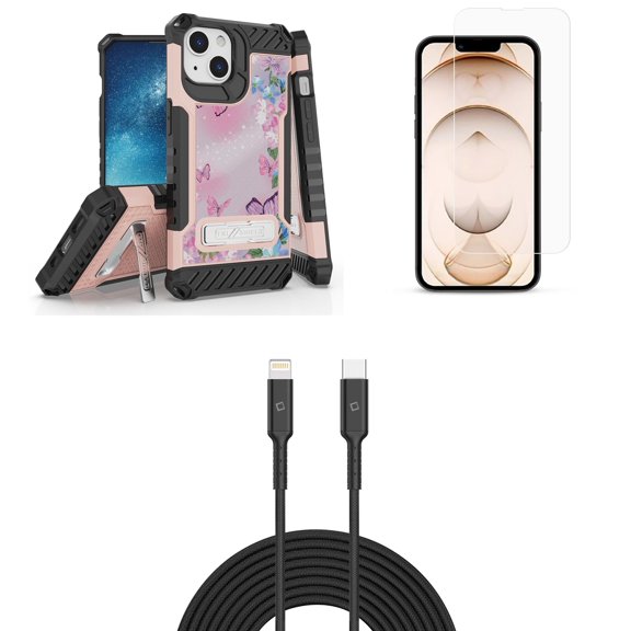 Bemz iPhone 13 Mini Bundle: Tri Shield Military Grade Armor Rugged Case (Sparkling Butterflies Flowers), Premium Glass Screen Protectors (2-Pack), USB-C to Lightning Cable (3.3ft/1m)