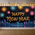 thumbnail image 6 of Golden Glitter Happy New Year Banner Colorful Fireworks New Year Display City Skyline Dark Background Festive Backdrop for New Year Party Holiday Celebration New Year Eve Event, 6 of 9