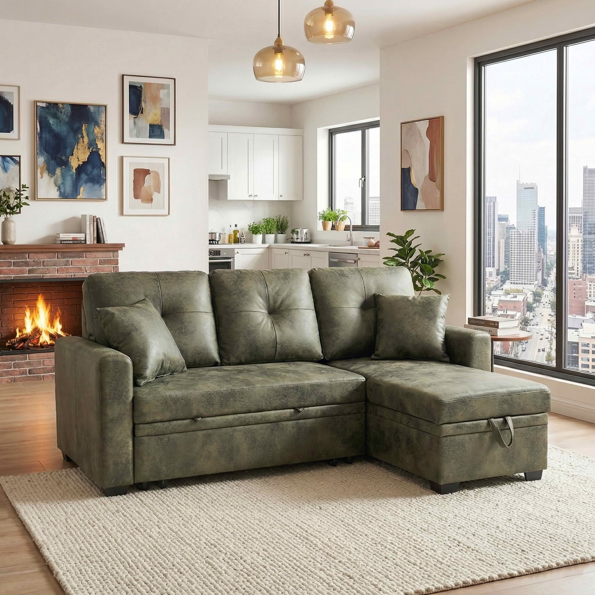 MAYEERTY 71" Breathable Fabric Sleeper Sectional Sofa, L-Shaped Convertible Pull-Out Sofa Bed with Reversible Chaise & Hidden Storage, Multi-Functional