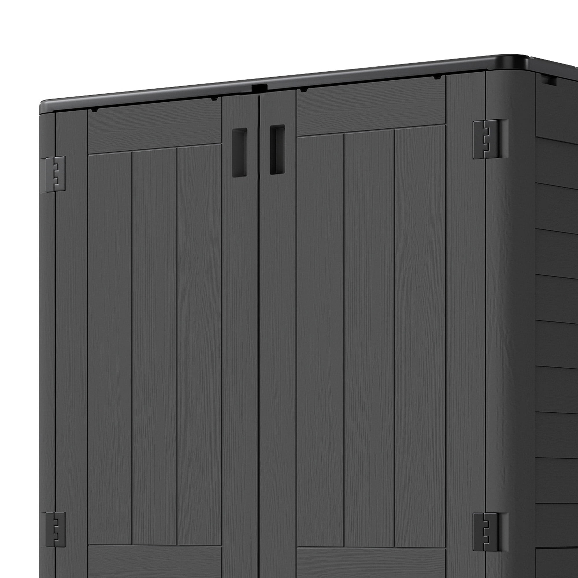 Craftian Outdoor Vertical Storage Shed, 25 Cubic Feet with Shelving for Bicycles, Garden Tools, Garage, Poolside, Dark Gray & Black
