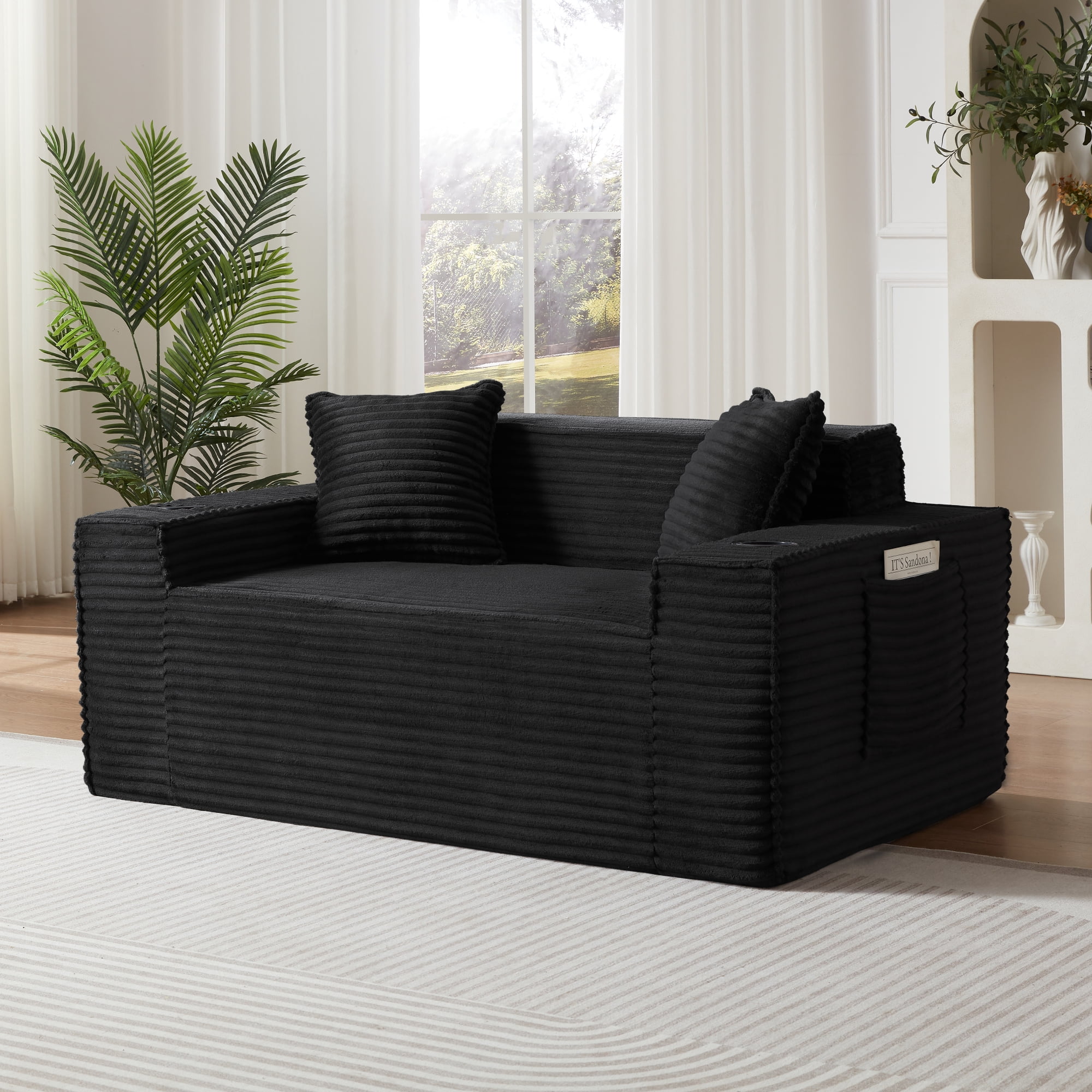 Leumius Cloud Sofa,2 Seater Boneless Couch with Cupholders,Upholstered Corduroy Fabric Modern Loveseat with Deep Seats for Living Room Bedroom,Black