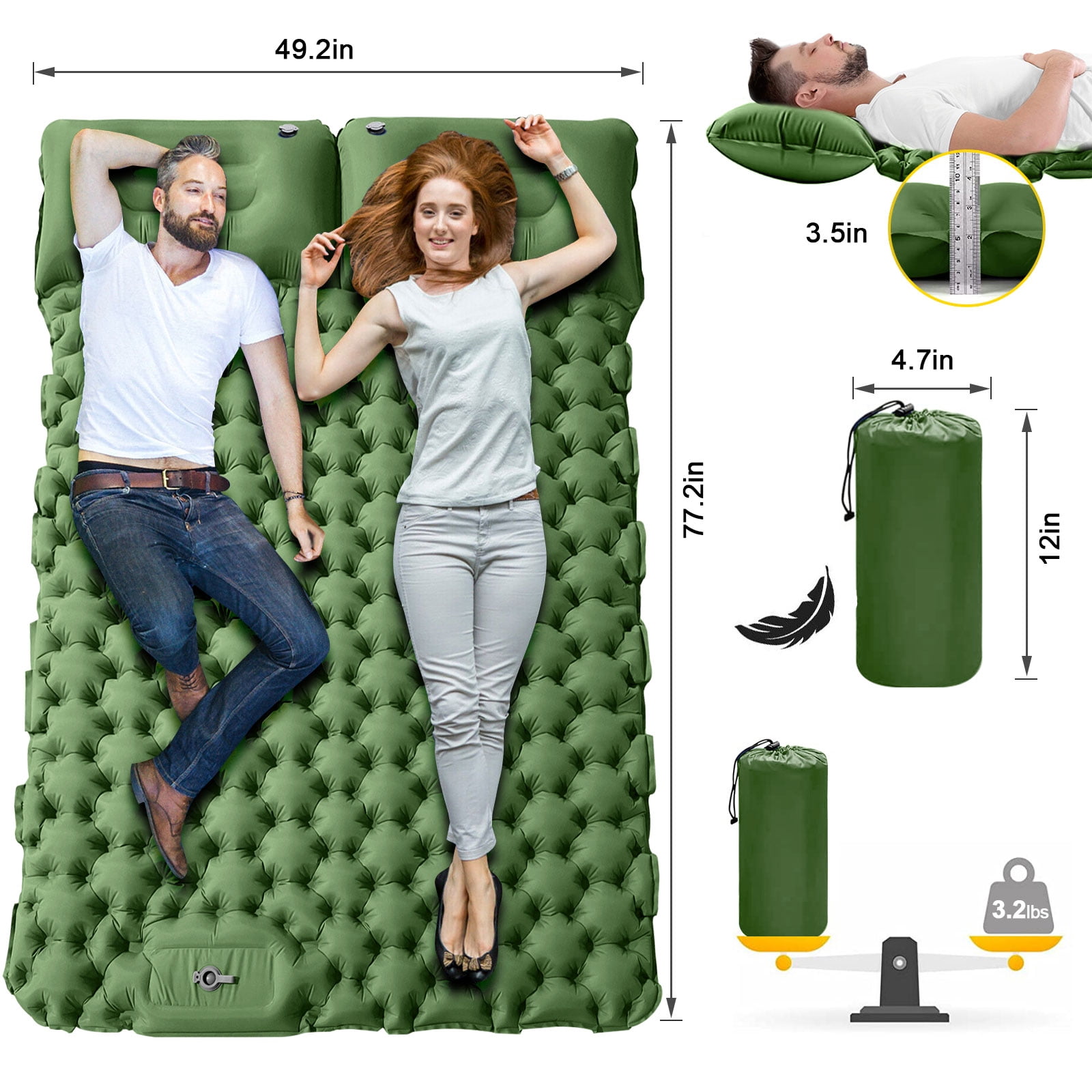 Eurhowing Double Sleeping Pad 4" Thick, 2 Person Inflatable Camping Mat with Foot Pump & Pillow, Portable Air Mattress for Backpacking Hiking Tent Travel, Green