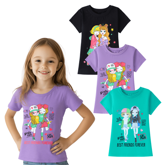 HILEELANG Little Girl Short Sleeve Tees Summer Purple Black Green Girl Cotton Tops Shirts 3 Packs Size 6