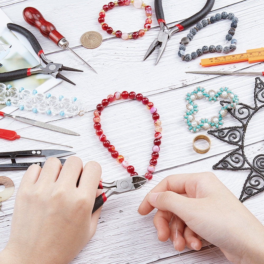 DIY Jewelry Tool Sets with Wire-Cutter Plier Round Nose Plier Side Cutting Plier Brass Rings Crochet Hook Needles Scissor Bead Awls