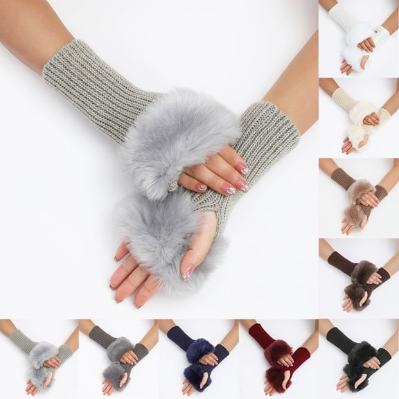 Women's Winter Fingerless Gloves with Fuzzy Faux Furry Cuff Warm Half Finger Hand Warmers for Daily Wear Party